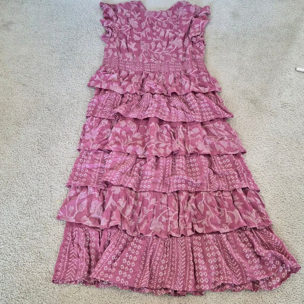 J Gee Tiered Ruffle Maxi Dress Womens 1X Pink Block Print Smocked Gypsy Boho - Picture 8 of 10